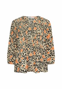 Cremefarvet bluse med sort og orange leopardprint, plisseret front, rund udskæring og lange ærmer. Letvægtsstof med en afslappet pasform.
