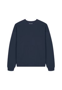 Felpa blu navy, misto cotone, colletto rotondo, maniche lunghe, polsini e orlo a coste, design minimale con branding discreto all'interno del colletto.