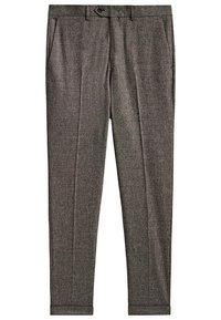 Grau strukturierte Hose mit tailliertem Schnitt, Vorder Taschen und einem Saum mit Umschlag, aus gewebtem Stoff gefertigt.