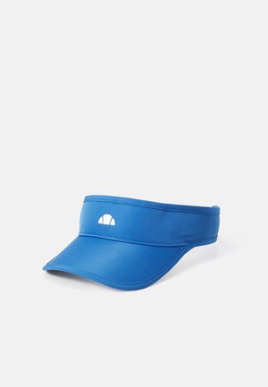 Blauer Visor aus leichtem Stoff mit gebogenem Schirm. Verfügt über ein weißes Logo auf der Vorderseite und einen verstellbaren Hinterriemen. Glatte Textur.