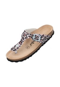 Sandaler med leopardprint, en blød korkfodbund, justerbar spænde rem og struktureret sort gummiydersåle.
