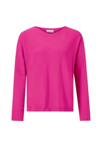 Felle roze lange-mouwen top, gemaakt van een gladde, lichte stof. Heeft een brede halslijn en een rechte zoom zonder zichtbare patronen of accenten.