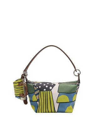 Mała torebka z kolorowym abstrakcyjnym wzorem w zielonym, niebieskim, żółtym i czarnym kolorze, z brązowym skórzanym paskiem i dołączoną małą torebeczką.