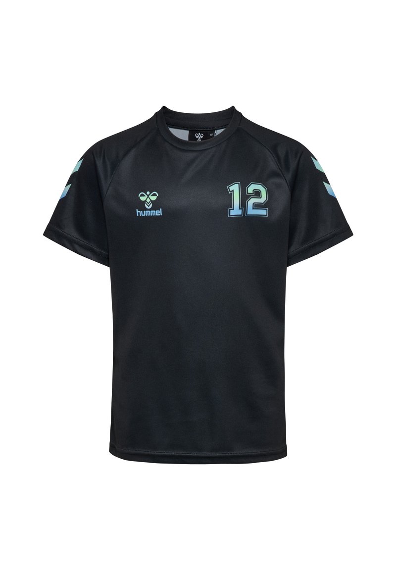 Maillot de sport noir en tissu évacuant l'humidité, avec des accents bleu clair, des manches courtes et le numéro 12 imprimé sur le devant.