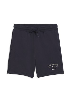 Granatowe szorty Puma Athletics z elastycznym pasem, sznurkiem do regulacji, bocznymi kieszeniami oraz białym logo na lewej nogawce.