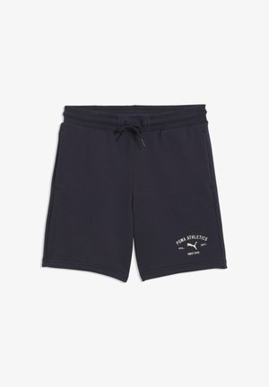 Marineblauwe Puma Athletics short met elastische tailleband, trekkoord, zijzakken en witte logotekst op het linkerbeen.