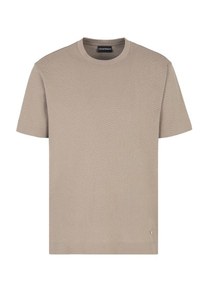 T-shirt beige a maniche corte con un motivo a zigzag testurizzato, scollatura rotonda e branding discreto sul lato inferiore. Realizzato in tessuto leggero.