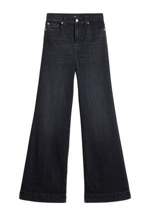 Hoch taillierte schwarze weite Jeans aus Denim mit einem schlichten Design, zwei Fronttaschen und einer dezenten Textur. Hochgekrempelter Saum.