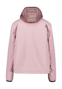 Rosa jacka med en pösig huva, strukturerat material, elastiska manschetter och en logotillbehör på baksidan. Slät yta med en avslappnad silhuett.