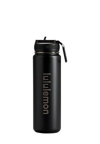 Bouteille d'eau isolée noire avec une finition mate et un couvercle noir, dotée d'une poignée latérale et de la marque "lululemon" en lettres métalliques.