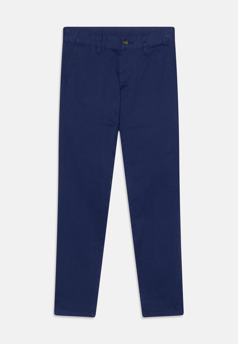 Pantalon bleu marine droit avec passants pour ceinture, poches avant, fermeture par bouton et braguette zippée, posé à plat sur un fond clair.