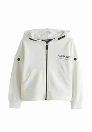 Weißer Kapuzenpullover mit Reißverschluss, zwei Fronttaschen und schwarzem Logodetail. Verfügt über schwarze Akzente an Ärmeln und Kordeln.
