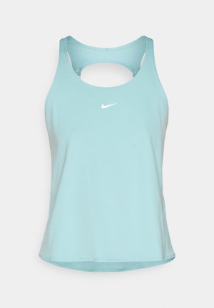 Light blue athletic tank top with a scoop neckline, racerback design, and small white Nike logo on the chest. Smooth fabric texture.