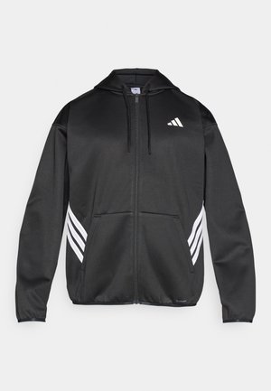 Μαύρο φουτεράκι με φερμουάρ, κατασκευασμένο από λείο ύφασμα, με μπροστινή τσέπη, κουκούλα με κορδόνι και τρεις λευκές ρίγες σε κάθε μανίκι.