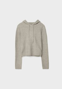 Hoodie gris en crochet avec un design court, une texture côtelée, des manches longues, un cordon de serrage ajustable et une capuche simple.