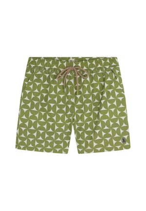 Bañador corto verde y blanco con estampado, cintura elástica y cordón marrón, con bolsillos laterales y una pequeña etiqueta con el logo.