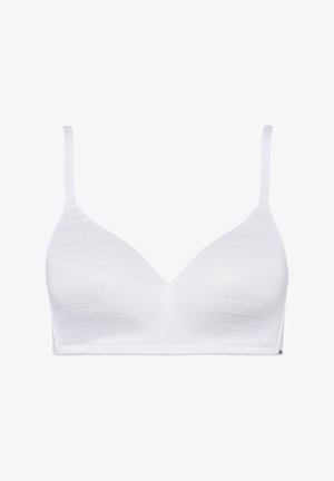 Weißer nahtloser BH mit V-Ausschnitt, verstellbaren Trägern, glatter Textur und ohne sichtbare Beschläge oder Verzierungen.