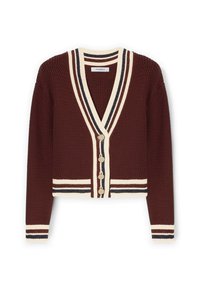 Cardigan corto a maglia marrone con rifiniture a righe crema, blu navy e marrone sul collo a V, sui polsini, sull'orlo e sulla patta dei bottoni con quattro bottoni rotondi.