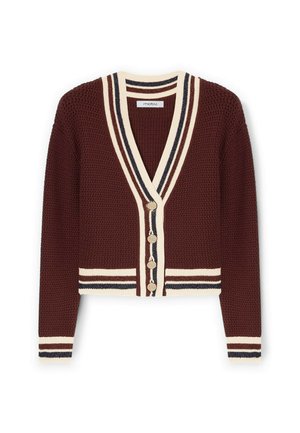 Cardigan corto a maglia marrone con rifiniture a righe crema, blu navy e marrone sul collo a V, sui polsini, sull'orlo e sulla patta dei bottoni con quattro bottoni rotondi.