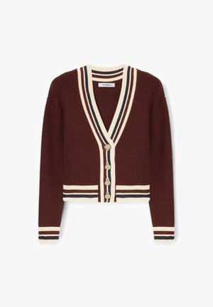 Cardigan corto a maglia marrone con rifiniture a righe crema, blu navy e marrone sul collo a V, sui polsini, sull'orlo e sulla patta dei bottoni con quattro bottoni rotondi.