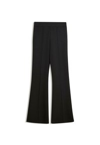 Black flared trousers with a smooth texture, featuring a wide waistband and two front seams for added detail.