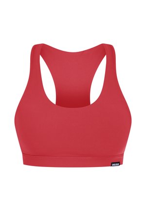 Soutien-gorge de sport rouge avec un décolleté en scoop et un dos croisé. Fabriqué à partir d'un matériau lisse et extensible. Présente une petite étiquette logo en bas.