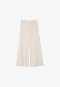 Pantalones de pierna ancha en tela beige claro, con una textura suave y un diseño de talle alto. Cuentan con una costura central frontal y sin hardware visible.