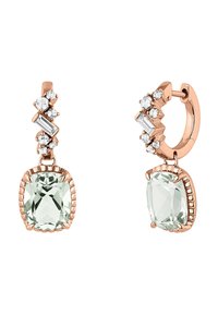 Pendientes de oro rosa con una gran piedra azul verdosa rodeada de pequeñas piedras transparentes. El diseño incluye elegantes acentos geométricos.