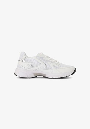 White athletic sneaker with mesh panels, lace-up front, thick sole, and black tread on a plain white background.