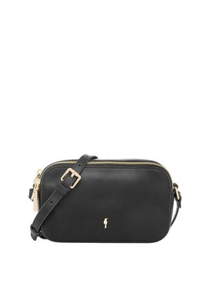 Czarna prostokątna skórzana torba na ramię z złotym zamkiem błyskawicznym, regulowanym paskiem i małym złotym logo z przodu.