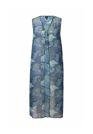 Długa sukienka bez rękawów z lekkiego materiału, z niebieskim i zielonym wzorem paisley oraz związywaniem przy dekolcie.