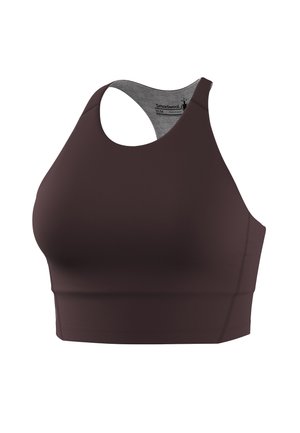 Reggiseno sportivo color burgundy senza maniche con collo alto, design a schiena a vogatore e tessuto liscio, etichettato Smartwool taglia M/M.