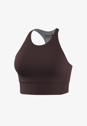 Reggiseno sportivo color burgundy senza maniche con collo alto, design a schiena a vogatore e tessuto liscio, etichettato Smartwool taglia M/M.