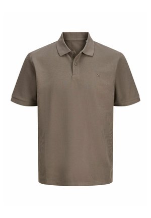 Tricou polo maro cu mâneci scurte, cu doi nasturi și un model texturat subtil.