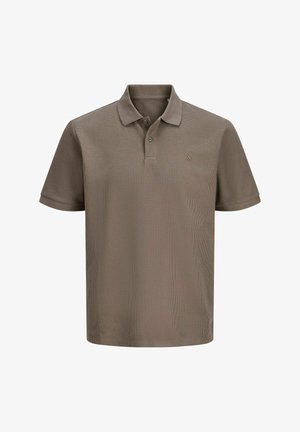 Barna rövid ujjú galléros póló két gombbal és enyhe texturált mintával.