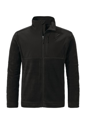 Black fleece jacket with full front zipper, high collar, chest zip pocket, and soft textured fabric on sleeves and body.