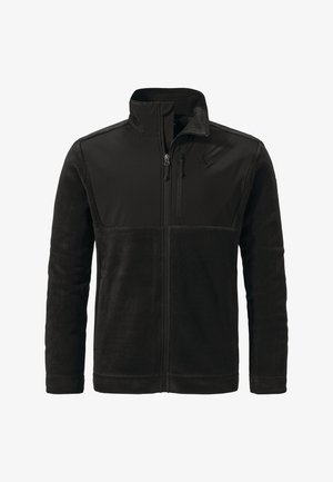 Black fleece jacket with full front zipper, high collar, chest zip pocket, and soft textured fabric on sleeves and body.