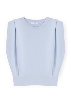 Jasnoniebieski dzianinowy top bez rękawów z okrągłym dekoltem i usztywnionymi, wyściełanymi ramionami.