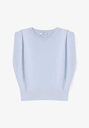 Hellblaues ärmelloses Stricktop mit rundem Ausschnitt und strukturierten, gepolsterten Schultern.