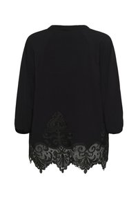 Blouse noire à manches longues avec col rond et détails en dentelle raffinés le long de l'ourlet et du bas du dos.