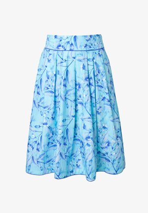 Vaaleansininen hame, jossa on tummansinisistä kukkakuosisista yksityiskohdista. Hameessa on laskoksia ja tiukka vyötärö, ja se on valmistettu sileästä kankaasta.