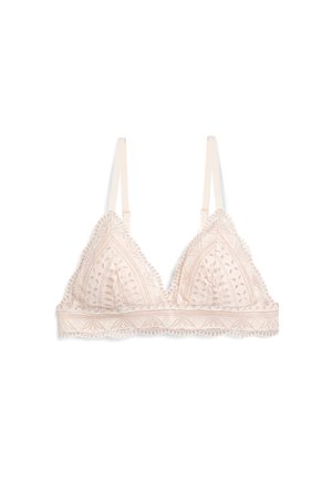 Bralette en dentelle rose pâle avec bretelles fines réglables, bonnets triangulaires et bords festonnés sur la bande et les détails des bonnets.