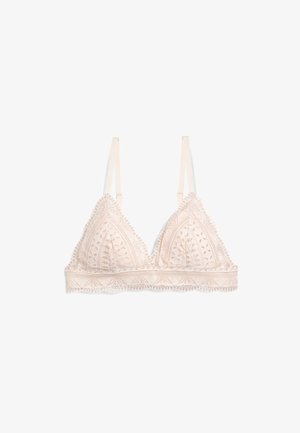 Bralette en dentelle rose pâle avec bretelles fines réglables, bonnets triangulaires et bords festonnés sur la bande et les détails des bonnets.