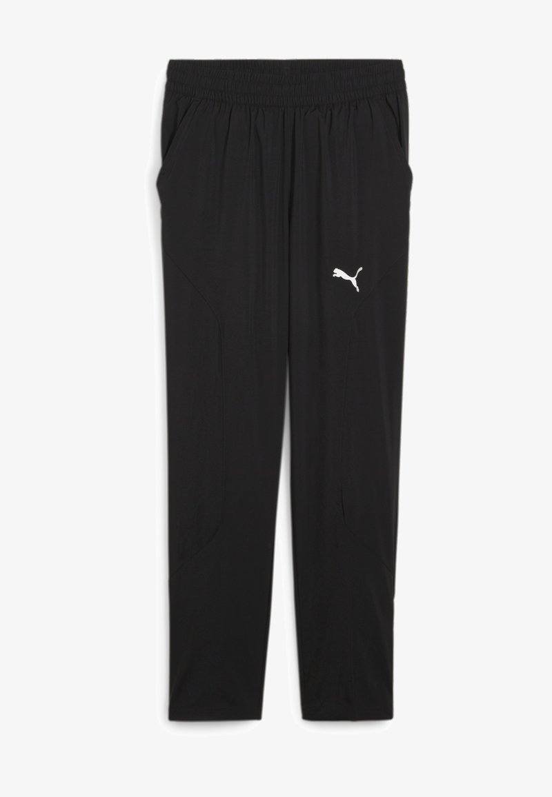 Schwarze Sporthose mit elastischem Bund, seitlichen Taschen und einem weißen Puma-Logo am linken Oberschenkel. Glatter, leichter Stoff.