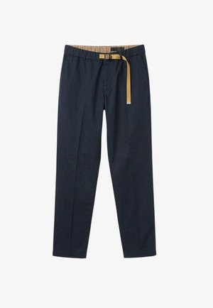 Pantaloni casual blu navy con parte frontale piatta, gambe dritte, vita elastica e cintura regolabile beige integrata.