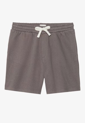 Gray cotton shorts with an elastic waistband and cream drawstring, featuring two side pockets and a smooth texture.