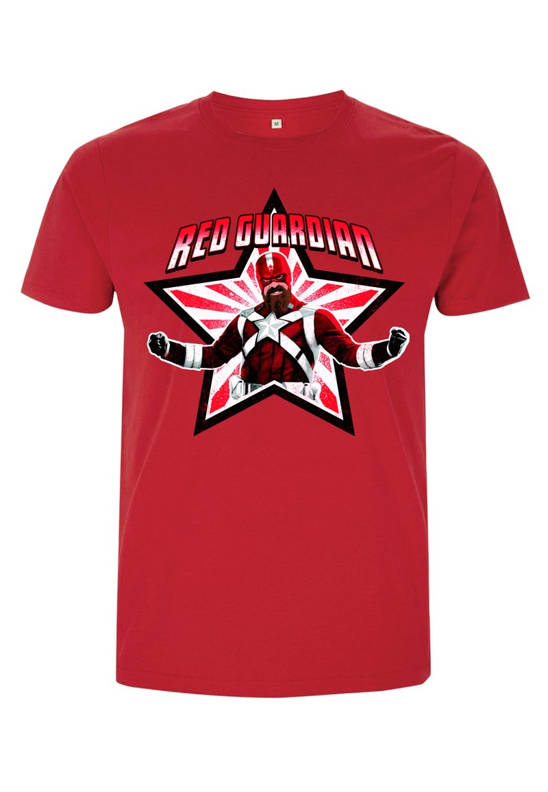Rød bomulds t-shirt med et grafisk billede af en karakter i et rødt og hvidt kostume, sat mod en sort og hvid stjernebaggrund.