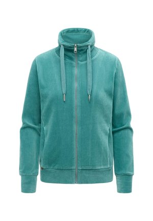 Teggrønnblå ribbestrikket jakke med glidelås, høy krage, snorer, lange ermer og sidelommer.