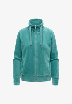 Tyrkisblå ribstrikket lynlåstrøje med høj krave, snore, lange ærmer og sidelommer.