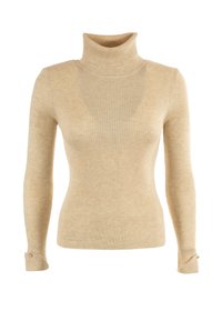 Beige gerippter Rollkragenpullover mit langen Ärmeln und Knopfakzenten an den Bündchen. Weiche Textur, taillierte Passform, ideal zum Layering.